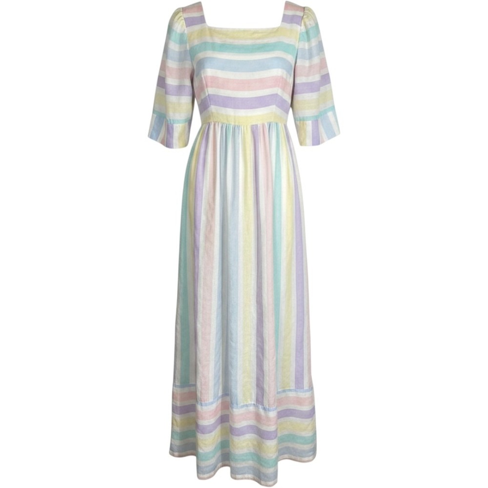Vintage Saybury Women's M Maxi Zip Multicolor Pastel Striped Housedress Pockets